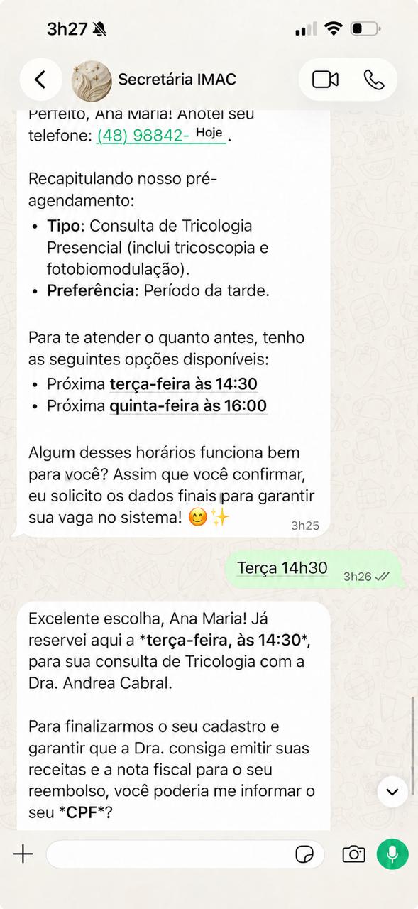 Conversa real da Secretária IMAC agendando uma consulta de tricologia no WhatsApp